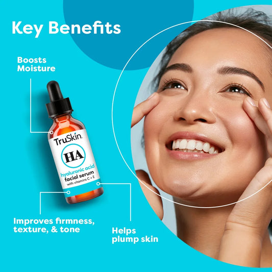 TruSkin Hyaluronic Acid Face Serum, Dual-Action Hydration with Ceramides & Aloe, 1 fl oz